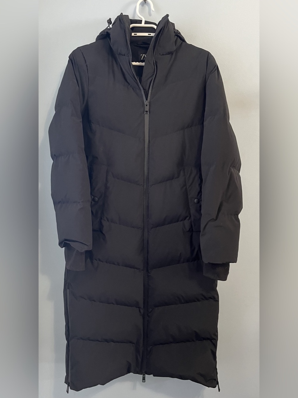 Zara Black Water & Wind Protection Hooded Down Feather Long Puffer Coat Size XS